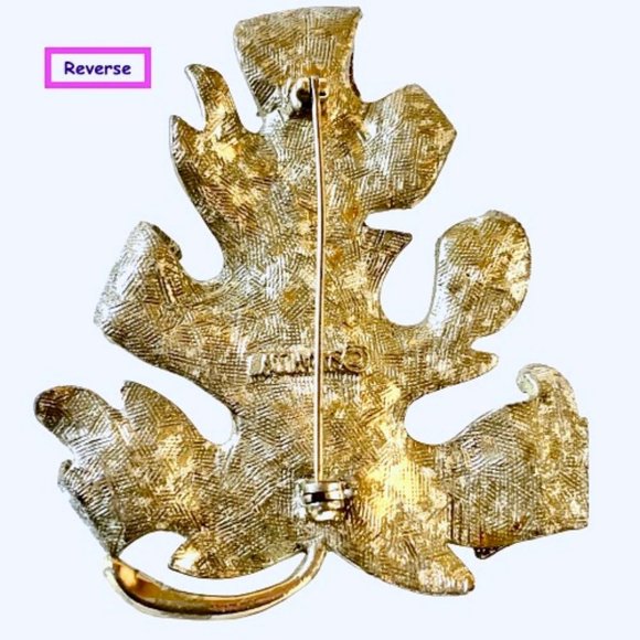 SARAH COVENTRY Vintage Oak Leaf Brooch Gold & Silver Tone Textured Big… - Picture 8 of 11